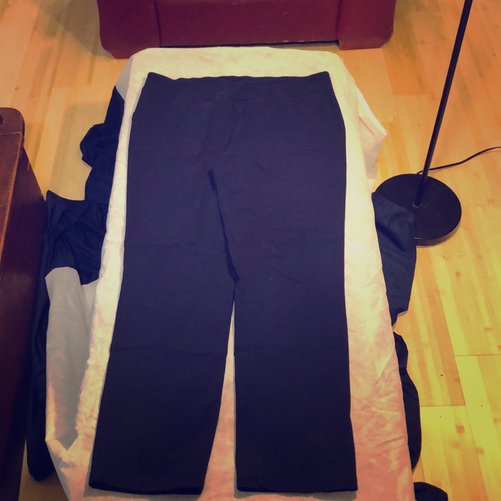 Elastic waist navy blue slacks.